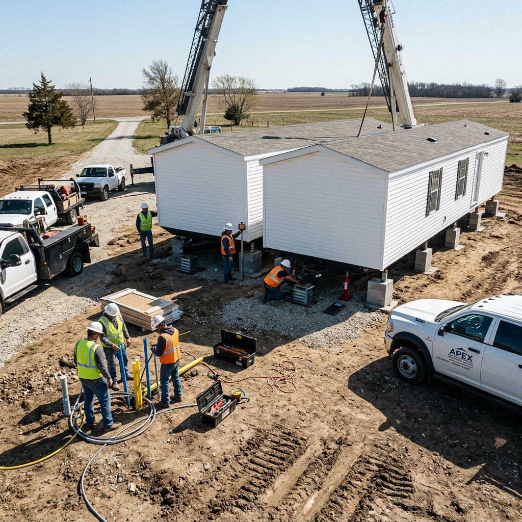 Mobile home installation crew at work